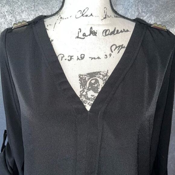 Zara Basic black roll sleeve v-neck blouse medium - Picture 2 of 7